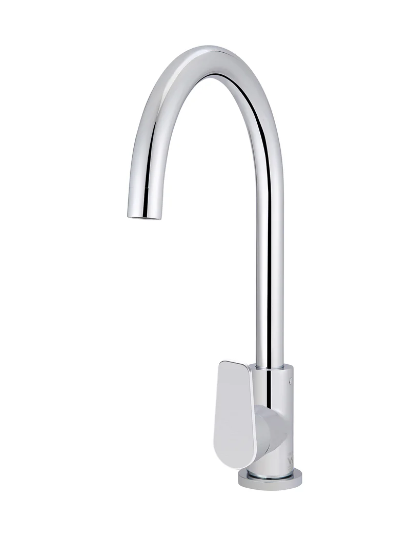 Round Gooseneck Kitchen Mixer Tap with Paddle Handle - Polished Chrome